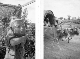 A GI holds a war-damaged Buddha head, and dual oxen pull cart, in India or Burma, during WWII.