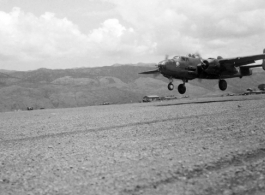 B-25, tail number 435, of the Ringer Squadron, above a runway in Yunnan. During WWII.