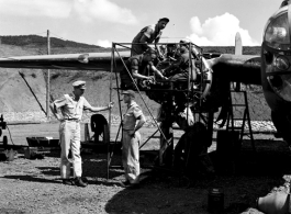 A B-25 under maintenance, having its engines swapped, at Yangkai in the CBI during WWII.