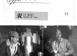 "This Is Lester Schmidt and "Doc"Kriewitz relaxing in 'Doc's' Instrument shop. Doc headed up this department." Luliang, China.