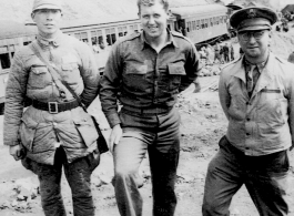 "The officer in the center is Lt. Sohl engineering officer of the 396th. The officer on the right is Capt. Weisburg a medical officer with the 396th. Unfortunately Lt.Sohl did not make it back to the states. He had his orders to return stateside and was awaiting transportation home when he was bitten by a rat and became very ill. Three days later he passed away. He was a fine officer respected by all that came in contact with him."