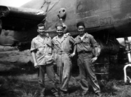 "More Salvage Work--The Three "R"'s Rodriguez, Reese, and Rutter Goofing Off To Have Their Picture Taken While Salvaging A B-25 At Liangshan, China."Caption courtesy of Elmer Bukey.