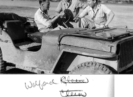 Major Wilfrid M. Cline, commander of 16th Combat Camera Unit from May 1943 to February 1945, at the driver's seat of a jeep at an American base in China during WWII. Two others unknown.