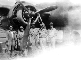 Personnel of 491 Bombardment Group about June 1943, Chaukulia, India. Notice the open engine cowling. During WWII.