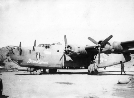 The "Burma Queen" in China during WWII. A Chinese guard keeps post in the merciful shade of the wing and a crew arms bombs on the ground not far from him.  The crew of B-25J serial #42-73253, of the 425th Squadron, got lost in weather during return from bombing the city of Changsha on 22 July. When fuel ran out they were forced to bail out in the vicinity of Tsuyung, China. All returned to Kunming without serious injury by 28 July. Crew members that mission were:  2nd Lt. John P. Burkett (pilot) 2nd Lt. W.I
