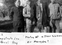 Chinese officials pose in SW China in 1944 (L-R): "Magistrate Lee, Colonel Peng, Mr. Lee's tax collector, Collector of Internal Revenue??"