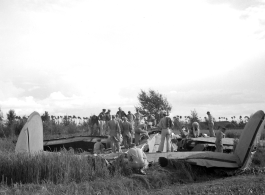 GIs inspect crashed and pancaked B-24 in a grainfield in China during WWII, between 1943-1945. 