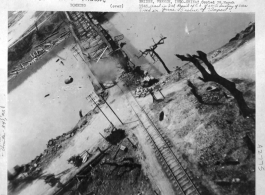 March 5, 1945 bombing on Phu Lang Thuong railway bridge over the Thuong River at Bắc Giang City in French Indochina (Vietnam), during WWII. In northern Vietnam, and along a critical rail route used by the Japanese. In this image there are bombs in the air, and the two water towers are completely gone.  "This was only one of the nine bridges destroyed by the Falcon group that day to bottle up Japanese supply and troop movements in anticipation of Japanese attempts to strike at French garrisons."  Coordinates