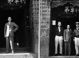 In left image, a KMT civilian at rally poses for portrait shot: An Zefa (安则法), a highly educated official who had a number of roles in Yunnan during WWII.  In right image, An Zefa (安则法) stands in the center, with American GIs on left and right.  These men stand in the gate of an elite residence in Yunnan province, which has been appropriated by Nationalist 5th Corps forces for military purposes--the white paper posted on the door post says the residence is temporary housing for assistant staff for officers,