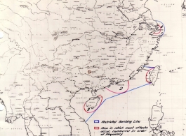 Zone map for missions by U. S. aircraft on Japanese targets of the coast of China, showing zones labeled 1-4.  From the U.S. Government sources.