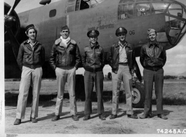 A crew of the 11th Bomb Squadron, 341st Bomb Group poses beside their North American B-25 "Obliterators Excuse Please" at an airfield somewhere in China, February 2, 1943. They are:  Lt. William N. Fitzhugh, Galveston Texas, Pilot (Tokyo Raider) Lt. Mason O. Brown, Calwell, Idaho, Co-Pilot Lt. Charles H. Dearth, Sidney, Ohio, Navigator S/Sgt Karl H. May, Yakima, Washingtong, Engineer-Gunner S/Sgt Pat N. Bourdreaux, Port Arthur, Texas, Radio-Gunner  Photo by 7th Photo Tech. Sqdn, provided courtesy of Tony St