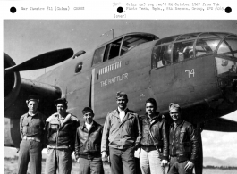 A crew of the 11th Bomb Squadron, 341st Bomb Group, stands beside their B-25 "The Rattler" somewhere in China on 2 February 1943.  They are:  Lt. Lucian Youngblood Lt. James C. Routt Lt. Charles Bethea S/Sgt. Edward M. Cooning Sgt. Norman Parker Sgt. James M. Ayers  Image courtesy of Tony Strotman.