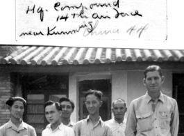 Sgt. Parker and staff of coffee shop (in rear), near Kunming, China, 1944.