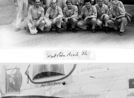 Colonel William D. Hopson and crew with their shark-teeth painted B-24; kissing the plane. At Palm Beach, Florida, after safe return to the US post-war. B-24 serial #44-51040. Painted under the nose window, "Maj. Dick Young," which may refer to Richard B. Young, who was in the original cadre, navigator of #42-40062  "FIVE BY FIVE." (Thanks metteor51.)