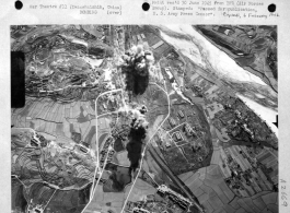 Railroad yards at Kwanshuishih, China, 75 miles north of Hankow on the Ping-Han R.R., were hit by B-25S of the Chinese-American Composite Wing's 'Avenger' Bomb Squadron with 88 percent of the bombs exploding on the target area. Tracks were completely destroyed and thirteen storage buildings were blown to bits with additional buildings receiving severe blast damage.  Image courtesy of Tony Strotman, from government sources.