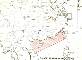 Sea search base map, with search areas shaded.  Bases at Liuzhou, Guilin, and Kunming are circled.
