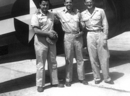 Captain Brignow, our Dentist. Mr. Clarkson, Red Cross Rep. Captain Wilson Porch.  Shamshernagar Air Base, India, June 1945.