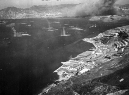 American planes bomb Japanese military shipping in occupied Hong Kong harbor, during WWII.