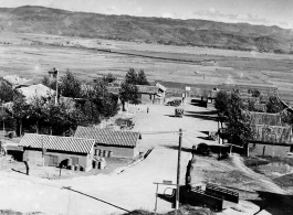 View of the American base at Chanyi, in Yunnan, China, during WWII. Note the basketball court and people on it.
