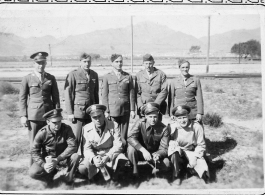 Early crew make up, in Tucson, Sept. 1942.  Front row: Lt. Columbus (navigator), Lt. Paul S. Hite (co-pilot), Lt. Edward L. McCoy (Pilot), Lt. Brown (bombardier).  Back row: T/Sgt. Roy A. Whistle (radio), S/Sgt. George P. Sibulski (As. Engineer), T/Sgt. Russell F. Doman (Engineer), S/Sgt. Lester V. Bebout (tail gunner), Thomas Grady (As. Radio).  Lt. Paul S. Hite would be lost later in the war, killed while flying with another crew on March 26, 1943.
