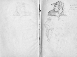 The wartime notebook of S/Sgt. Tom L. Grady, A. A. F, ASN 31108546. In his notebook, as a talented and curious young artist while in the CBI, he recorded scenes and vignettes that he saw in his life. He also recorded names and contact info for the people he met.  "Sibulski (gunner) on my crew."