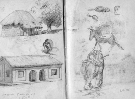 The wartime notebook of S/Sgt. Tom L. Grady. In his notebook, as a talented and curious young artist while in the CBI, he recorded scenes and vignettes that he saw in his life. He also recorded names and contact info for the people he met.  "Two-room barracks, Karachi, India."