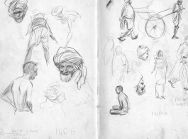 The wartime notebook of S/Sgt. Tom L. Grady. In his notebook, as a talented and curious young artist while in the CBI, he recorded scenes and vignettes that he saw in his life. He also recorded names and contact info for the people he met.  Scenes in India. Including "priest in white."