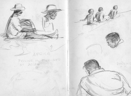 The wartime notebook of S/Sgt. Tom L. Grady. In his notebook, as a talented and curious young artist while in the CBI, he recorded scenes and vignettes that he saw in his life. He also recorded names and contact info for the people he met.  "Africa. Pulling in fish nest at Accra.  Pawling, N. Y."