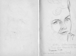 The wartime notebook of S/Sgt. Tom L. Grady. In his notebook, as a talented and curious young artist while in the CBI, he recorded scenes and vignettes that he saw in his life. He also recorded names and contact info for the people he met.  "Girl. Fellow passenger on train from Florida to home. December, 1943. (Her husband was navy diver.)