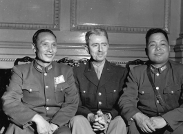 Party at Governor Lung's of Yunnan Province on December 16, 1944. Gen. Lu Han, Maj. Gen. Wedemeyer, and Gen. Kwan.  Photo by Pfc. Thomas F. Melvin.  Passed by censor William E. Whitten.