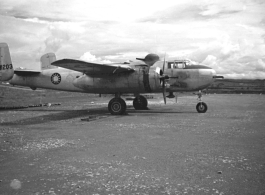 A B-25 with Nationalist markings, tail number #B31203, at an air base in Yunnan, China, during WWII.