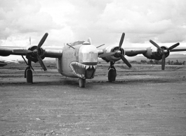 The Consolidated B-24 bomber "Nip Nipper," serial #42-72837. This is later in the war, and the B-24 has been modified to carry cargo, with the nose guns (and much more) removed.