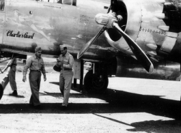 Major Gen. Charles B. Stone arrives on the B-25 "Charlie's Aunt" during a visit to Yangkai on the August 29, 1945.  Yangkai, APO 212, during WWII.