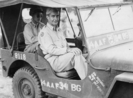 Major Gen. Charles B. Stone, and another officer, riding a 341st Bomb Group, 14th Air Force, jeep during a visit to Yangkai on the August 29, 1945.  The jeep has stenciled "Chabua" (India), however groups and materials moved around, so it is not surprising to see this jeep in China, especially by the summer of 1945.  Yangkai, APO 212, during WWII.