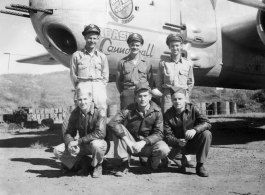 American aircrew men with the B-25H "Wabash Cannonball", of the 491st Bomb Squadron, at Yangkai Airbase, Yunnan Province, China, in the CBI.  In unknown order, back row; 1Lt. Robert P. Ridley (pilot), Captain William F. Shutts (pilot), 1Lt. Sterling L Plunkett (nav-bomb); Front row (left to -right) S/Sgt Charles M. Sugg (engineer-gunner), T/Sgt John P. Humphries (radio-gunner), S/Sgt Walter U. Stachler (armorer-gunner).