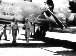 Major Gen. Charles B. Stone and the B-25 "Charlie's Aunt" during a visit to Yangkai on the August 29, 1945.