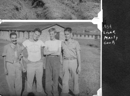 Radar men at Chenggong air base, Yunnan, China. During WWII.  Ash, Bill Lesak, Marion "Marty" Martin, Tom Cook.  374th Bombardment Squadron B-24 "Massa's Dragon" #42-109862 in revetment at Chenggong.