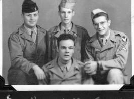 Radar mechanics pose for the camera. Back: Sam Hansen, Vern Martin, and George Wachs. Front: Bill Lesak. In WWII.