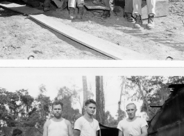 Engineers of the 797th Engineer Forestry Company pose about camp in Burma.  During WWII.