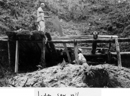 Small saw mill in India using human labor. Near Darjeeling Rest Camp. During WWII.
