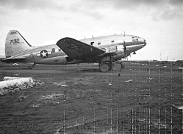 C-46 transport airplane #347132 at an American base in Yunnan, China, during WWII.