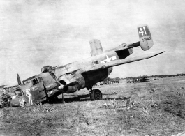 The B-25 Mitchell #41-33940 "Incendiary Blond" with nose wheel gone, somewhere in the CBI.