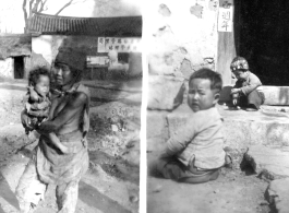Destitute woman and child; Children playing before doorway. SW China.  During WWII.