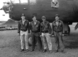 Flyers with their B-25 at Chakulia, India, in 1943.  Dave Hayward, Tony Mercep, George Scearce, Wilber Pritt.  22nd Bombardment Squadron, in the CBI.