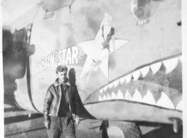 Charles Klaes with B-24 "SHOOTIN' STAR," in the CBI during WWII.  "B-24s in my squadron."
