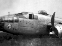 3rd Bomb Squadron's B-25J "Smilin' Jack" (named after the popular 3rd Bomb Squadron commander, Maj. Jack M. Hamilton, thence “Smilin’ Jack”). This B-25, A/C #714, serial #43-27809, was taking off from Liangshan on mission #112A to bomb and strafe railroad yards at Loyang when the pilot lost control and crashed just to the side of the runway.  3nd Bomb Squadron (Provisional) was assigned to 1st Bomb Group (Prov.) of Chinese American Composite Wing, attached to Fourteenth Air Force 1943-1945.  (Thanks to info