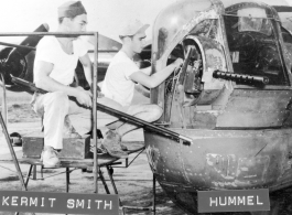 Gun turret maintenance for F-7/B-24, October 1, 1944. Kermit Smith and Hummel.  24th Combat Mapping Squadron, 8th Photo Reconnaissance Group, 10th Air Force.
