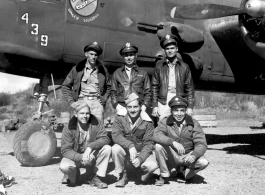 An air crew of the 491st Bomb Squadron posing with B-25J, "Niagra's Belle" combat id #439, at their home base, Yangkai, China, in 1945.  Back row (l-r); Lt. Emory L. Wofford (copilot), Lt. Fred J. Latham (pilot), Lt. Clifford L. Barr (nav-bombardier).  Front (l-r); Center is S/Sgt Manfredo L. Pascarelli (flight engineer). On his right is likely S/Sgt Ray V. Yeager (gunner), and his left is likely Cpl Rosendo B. Rosas, Jr. (radio).