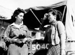 Alice Kim Chong (1909-1972) was one of Claire Chennault’s two female interpreters at Kunming between 1943 and 1945.  Here they are outside the HQ building at Kunming in 1943.  Eloise Witwer, Alice’s roommate and best friend, at left.  Alice Kim Chong (1909-1972) at right.