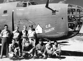 "C. E. 'Shack'" with crew on the ground. 425th Bomb Squadron, 308th Bombardment Group.  Names painted on the nose of "C. E. 'Shack'" include those of 2nd Lt. Gordon C. Weems (copilot), 2nd Lt. Charles R. Thompson (navigator), and an unknown "Chick," who was possibly bombardier. (Info courtesy of deployment name list.)